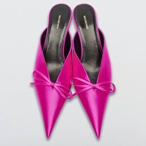 Balenciaga Scarpa Kitten Heel Mules Knife Slip-On Pointed Toe Satin Fuchsia Pink
